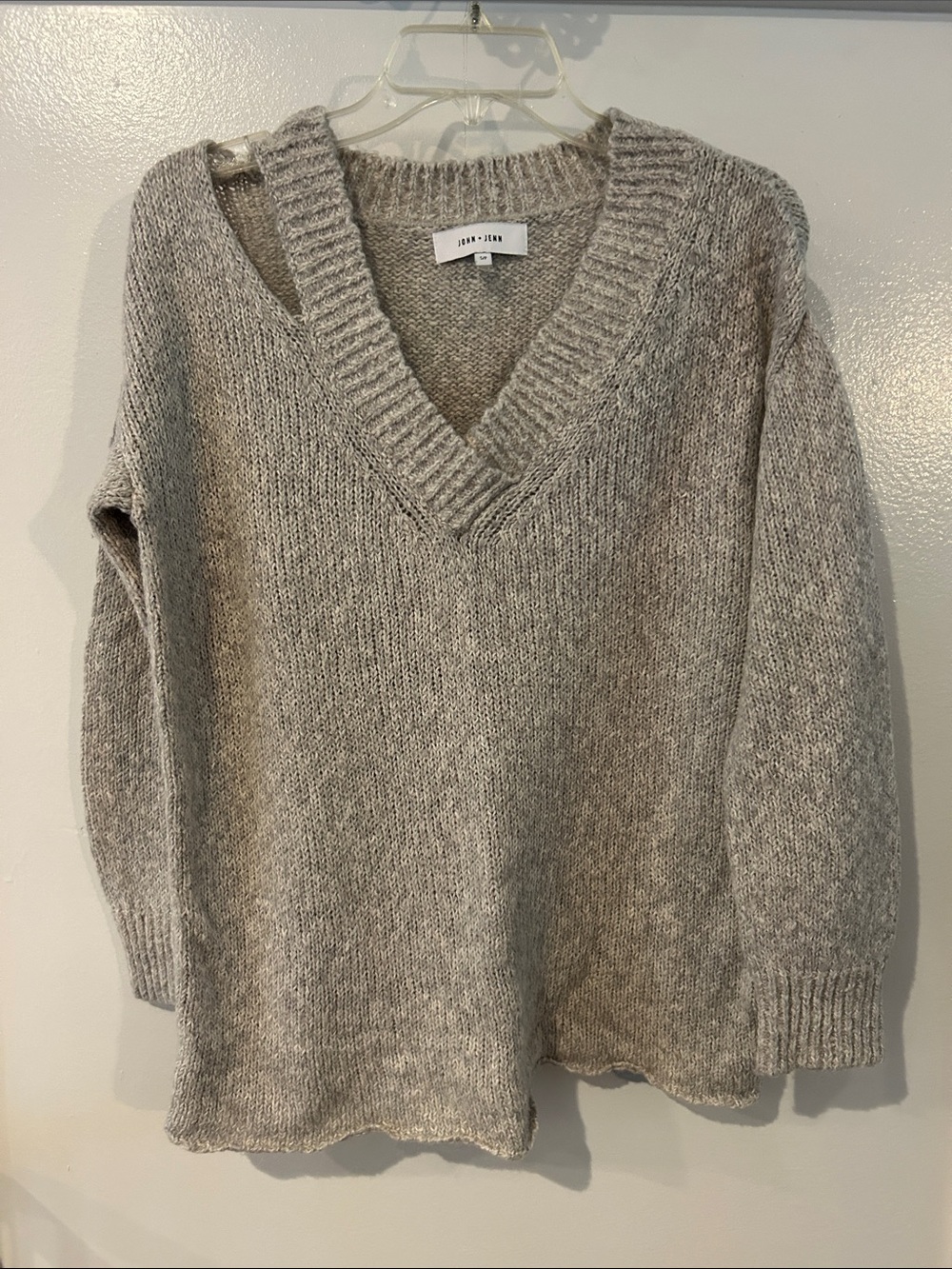 John + Jenn Heather Oatmeal V-Neck Knit Sweater